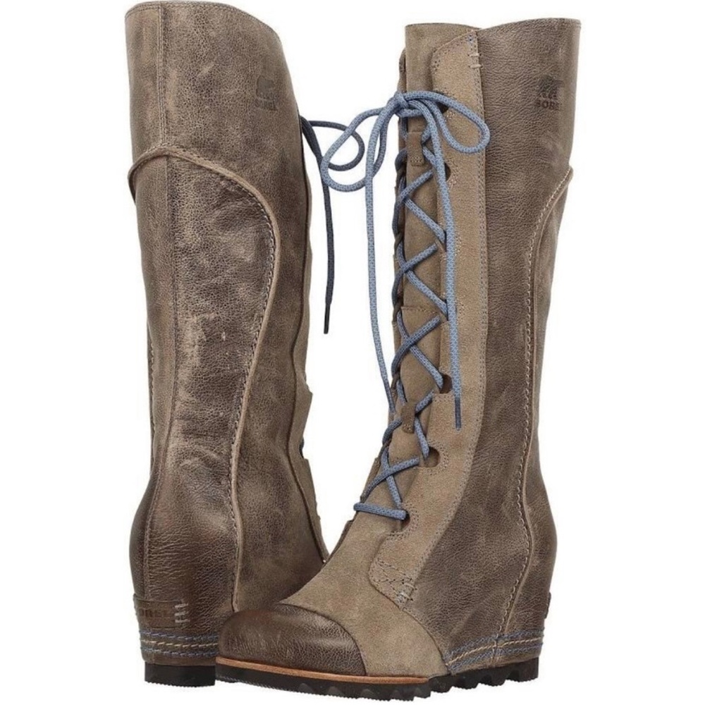 Sorel Cate the Great Wedge II Tall Boots Brown Leather Knee High Lace Up sz 7.5